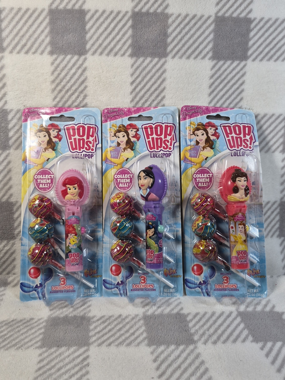 Pop Ups! Lollipop Princess Candy Set of 3 Ariel Mulan Beauty & The Beast Belle